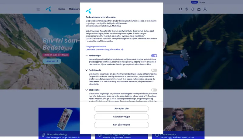 Telenor hjemmeside screenshot 2026 - bredbånd udbyder oversigt