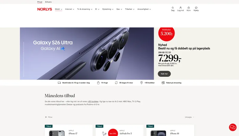 Telia hjemmeside screenshot 2026 - bredbånd udbyder oversigt